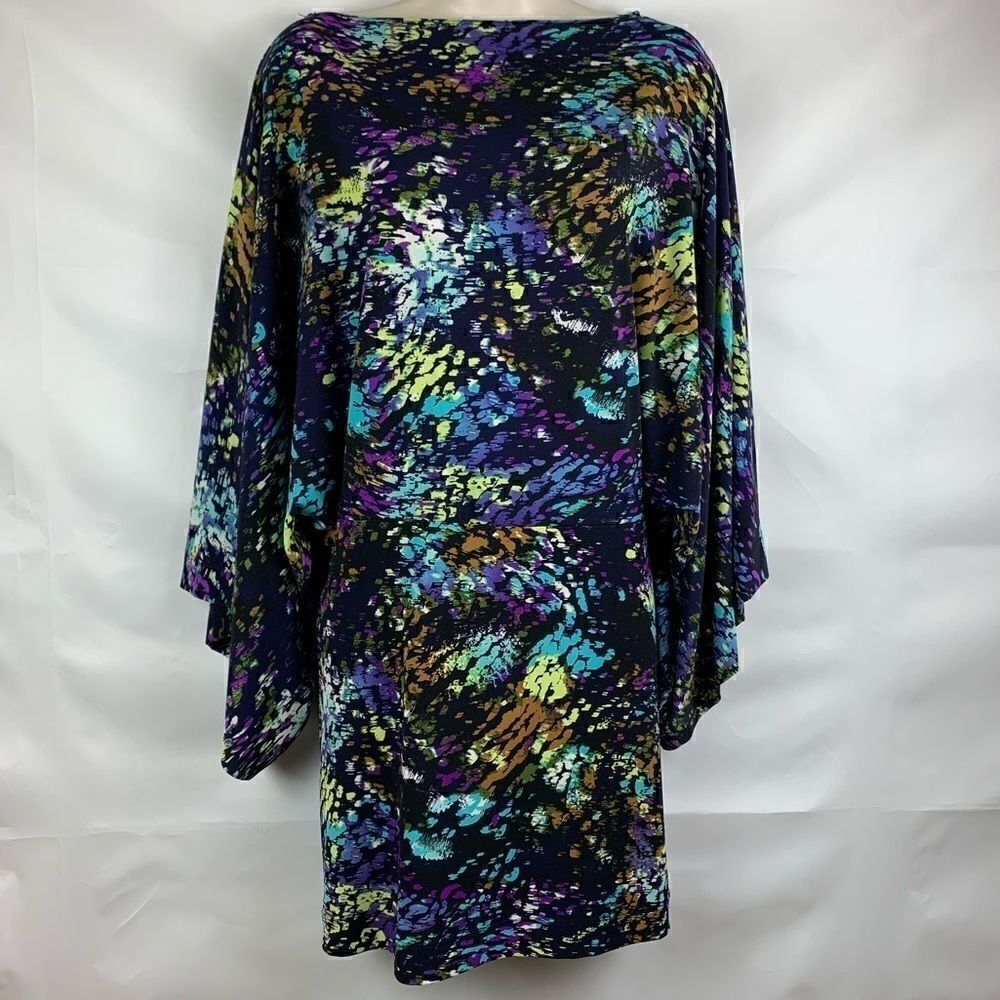 Lily Blue multi color print dolman sleeve dress size small EUC